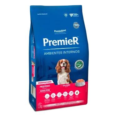 Racao Premier Ambientes Internos Dermacare Caes Adultos Racas Pequenas 12kg lateral